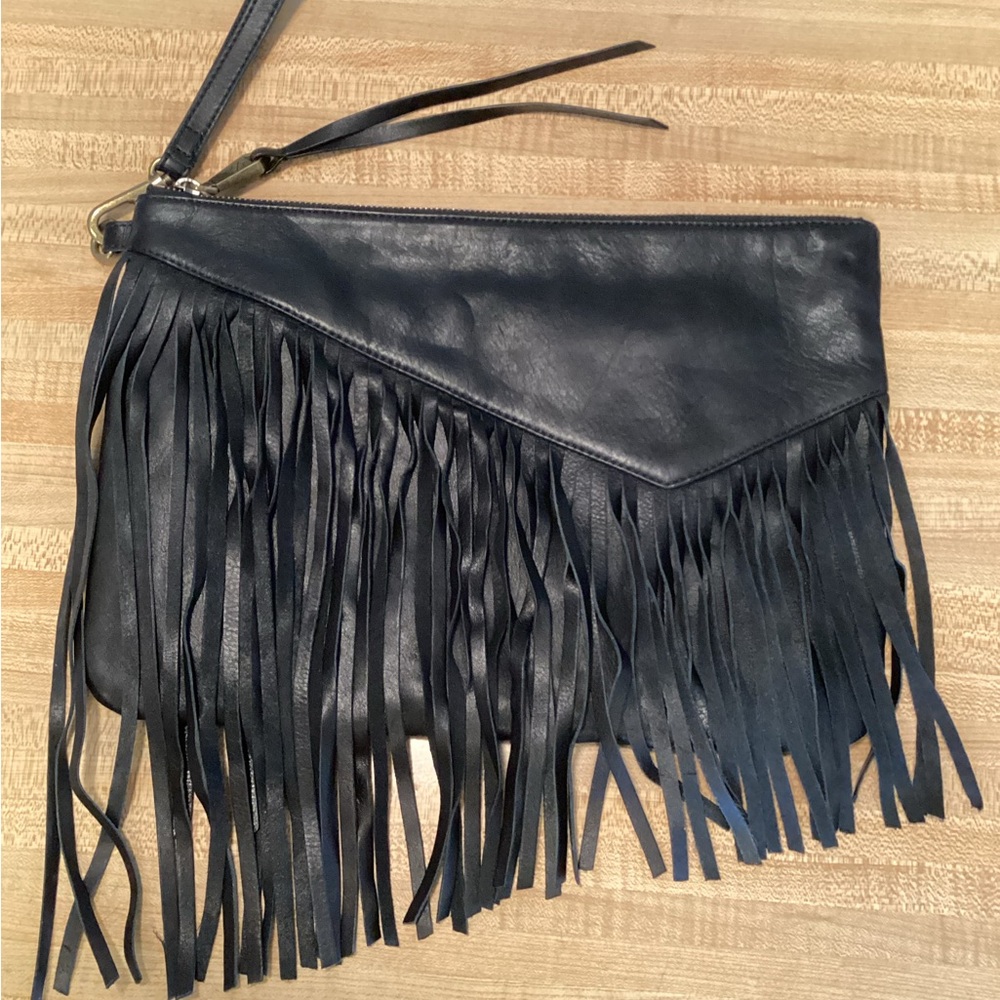 Christopher Kon Large Black Leather Fringed clutch / Wristlet